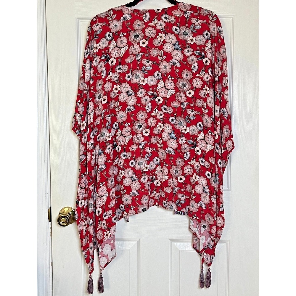Knox Rose Kimono  Womens XL/XXL Red Floral Print Open Front Tassel Boho Duster - Picture 3 of 6